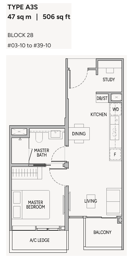 1-Bedroom + Study, Type A3S